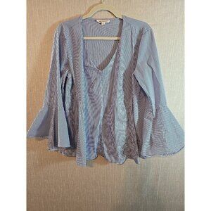 Grand & Greene womens blue, white Striped‎ Blouse Bell Sleeves oversized Size L